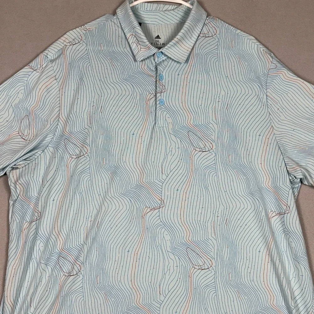 Adidas Polo Shirt Mens 2XL Light Blue Topographic Print Golf Performance Rugby